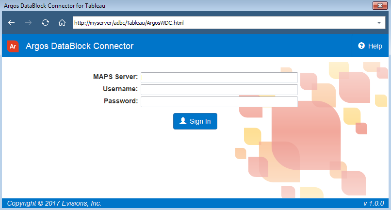 Login screen requesting the MAPS Server URL, username, and password.